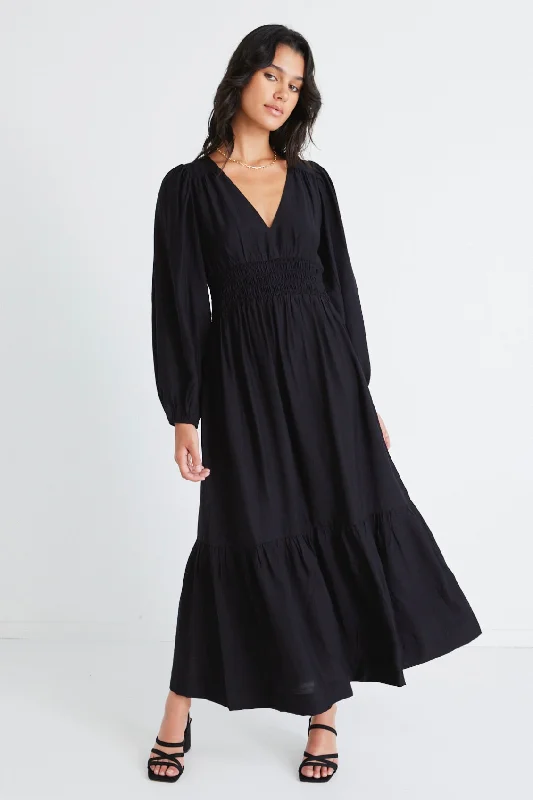 Spark Black LS Deep V Midi Dress