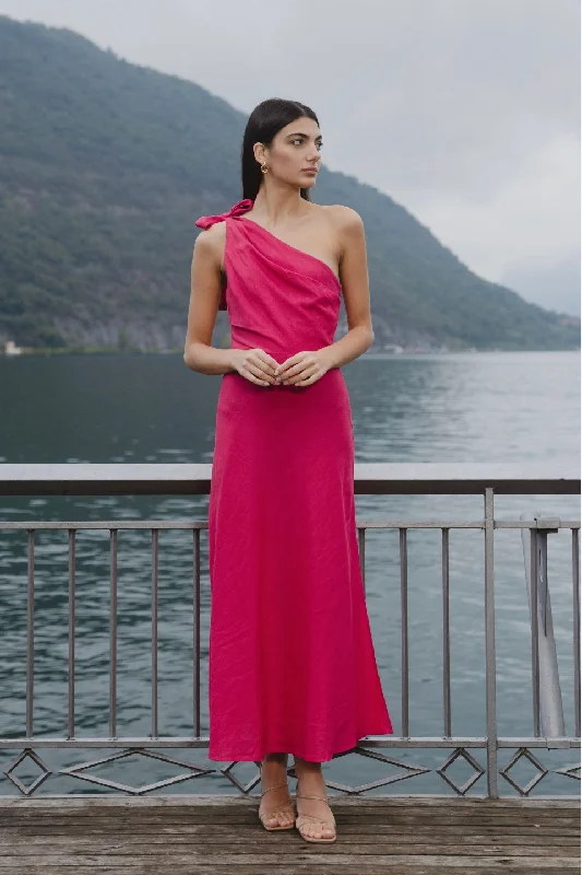 Mirror Hot Pink Linen Blend One Shoulder Bow Midi Dress