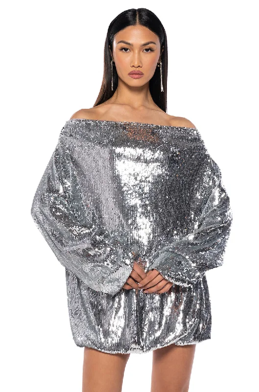 GEMMA OFF THE SHOULDER VOLUMINOUS SEQUIN MINI DRESS IN SILVER