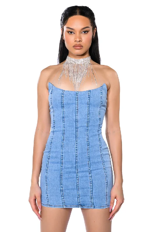 GIVING POPSTAR DENIM MINI DRESS