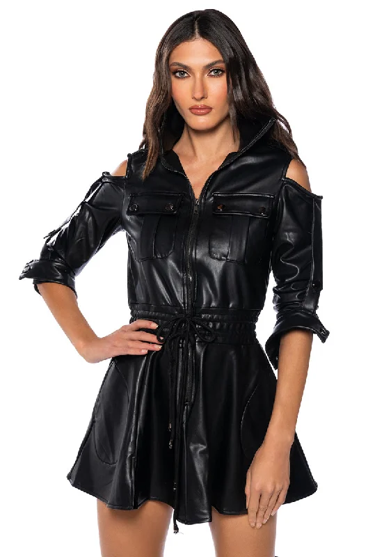 INTO THE MATRIX FAUX LEATHER LONG SLEEVE MINI DRESS