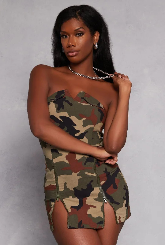 Camo Zipper Detail Mini Tube Dress