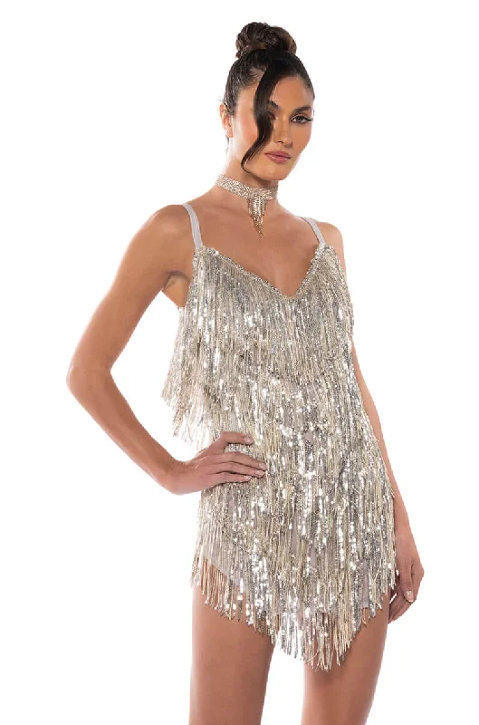 SHOW UP FRINGE MINI DRESS IN SILVER