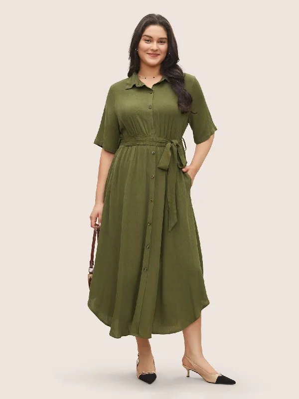 Solid Button Pocket Shirt Collar Belted Maxi Dress