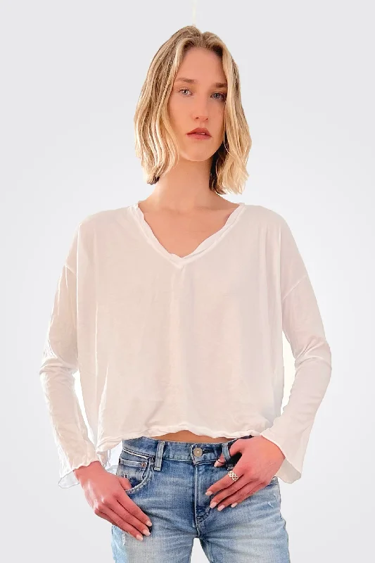 V Neck Boxy Crop Shirt - White