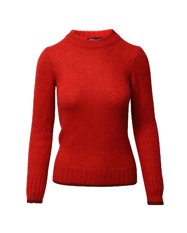 Maje Roundneck Knit Sweater in Red Wool Mohair