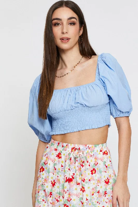 Blue Crop Top Short Sleeve Shirred Waist