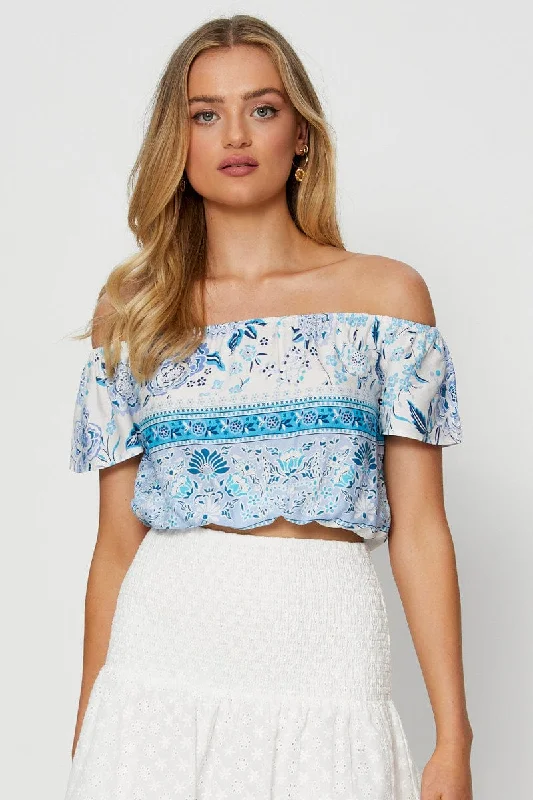 Boho Print Wrap Top Off Shoulder Tie Up Crop