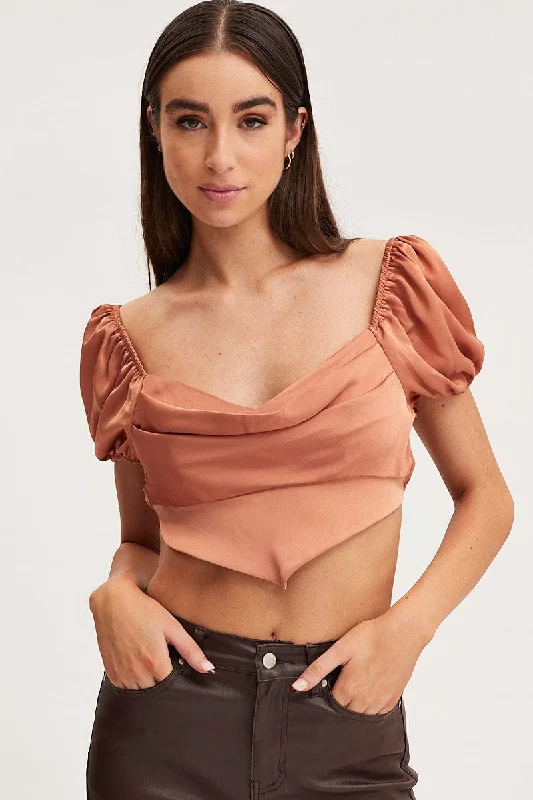 Brown Scarf Top Short Sleeve Crop