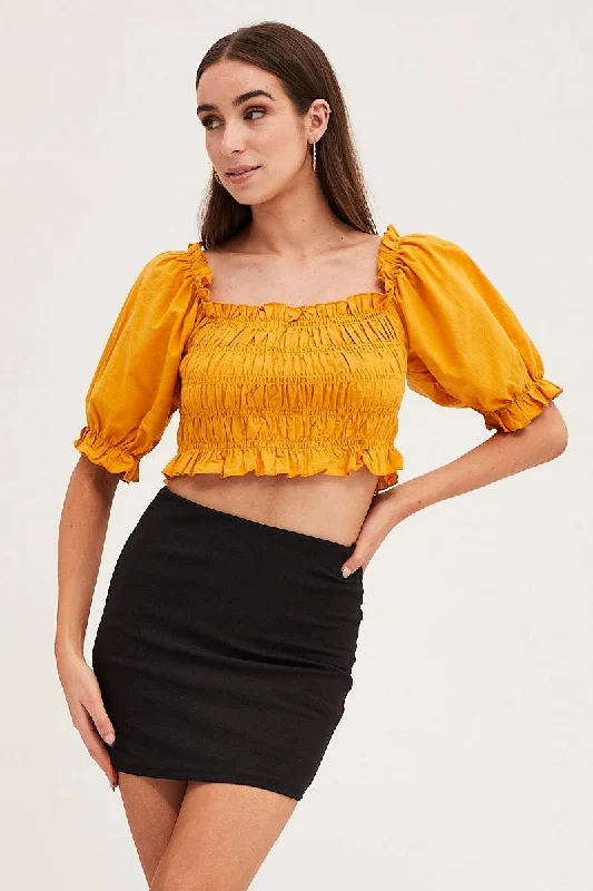 Orange Crop Top Short Sleeve Shirred