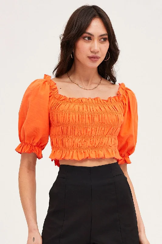 Orange Crop Top Short Sleeve Shirred