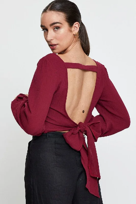 Red Crop Top Long Sleeve Round Neck