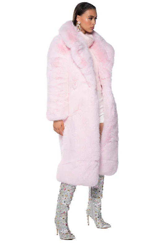 BEAR HUG LONGLINE LUXE FAUX FUR TRENCH COAT IN PINK