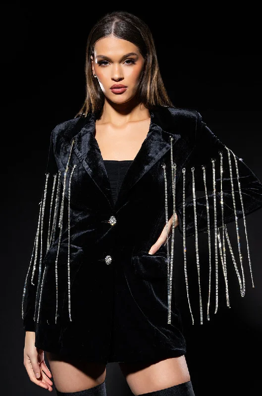 HIGHEST BIDDER RHINESTONE FRINGE VELVET BLAZER