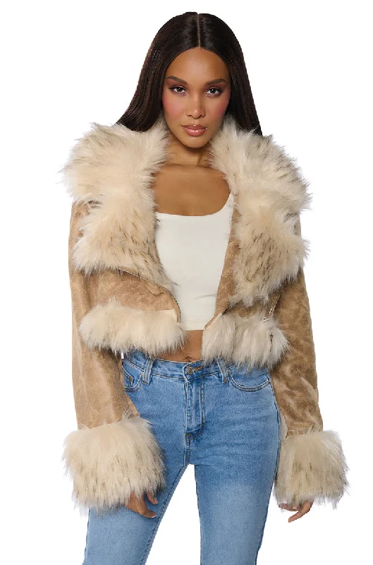 ROWLAND DISTRESSED FAUX LEATHER MOTO WITH FUR COLLAR